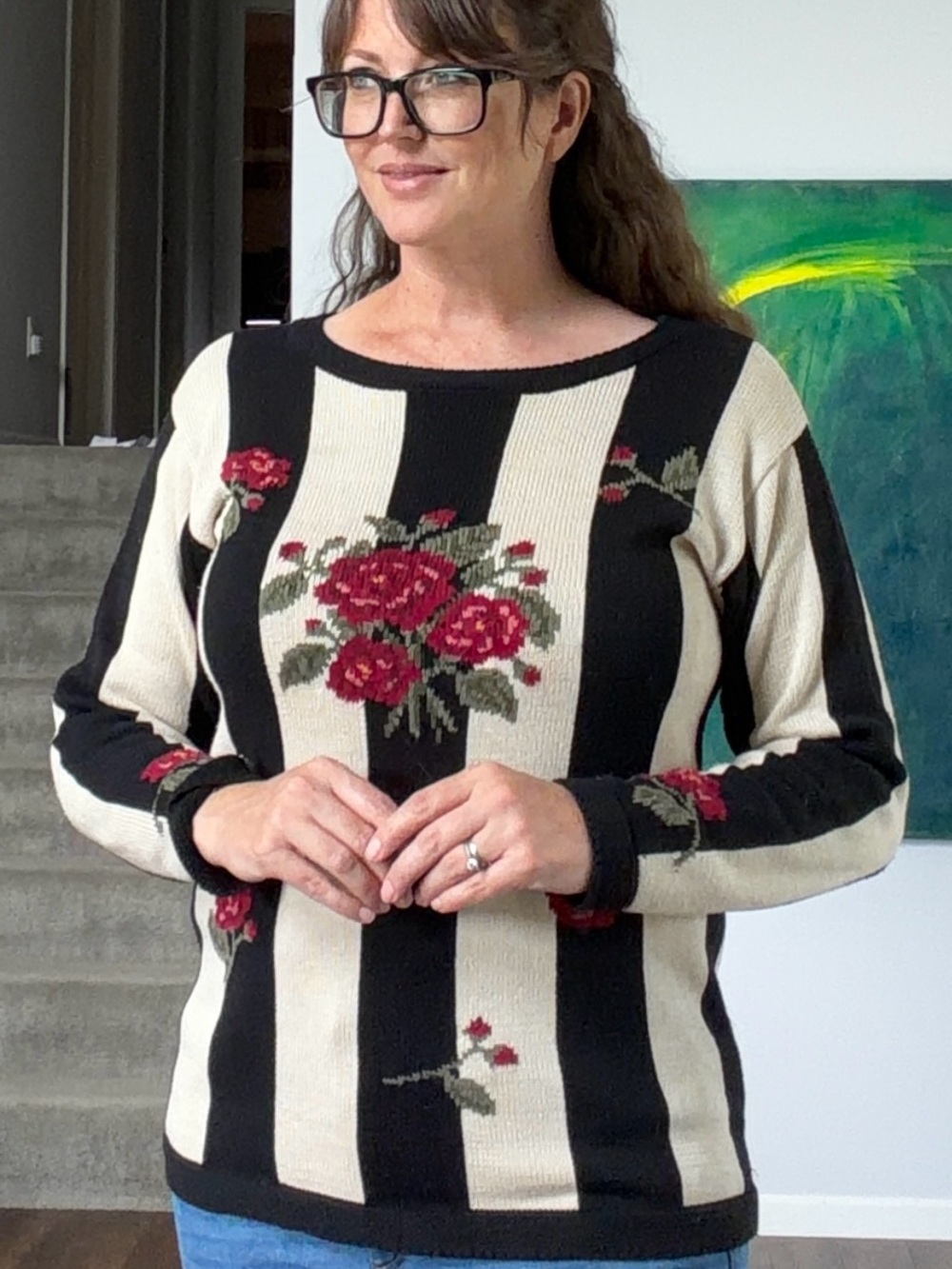 JH Collectibles Black Cream Striped Sweater with Red Rose Motif